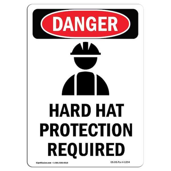 OSHA Sign, Hard Hat Protection Required, 5in X 3.5in Decal, 10PK, 3.5" W, 5" H, Portrait, PK10